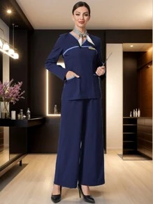 TaskEZ Women V-Neck Long Sleeve Blouse And Wide-Leg Pants Casual Workwear Set