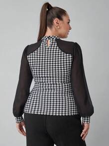 SHEIN Clasi Blusa elegante con cuello alto de pata de gallo en patchwork, talla grande, para mujer, estilo negocios casual de otoño e invierno