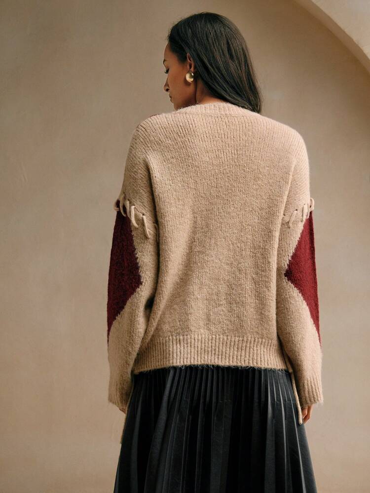 Autumn/Winter Colorblock Diamond Textured Handknit Casual Crew Neck Women Sweater