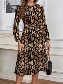 SHEIN Clasi 优雅豹纹修身休闲女式长袖连衣裙，秋冬 - 卡其色 - 查看 7