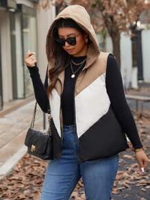 Calvaya Plus Size Color Block Hooded Padded Gilet, For Winter Clothes Jacket Coat - Brown - View 4