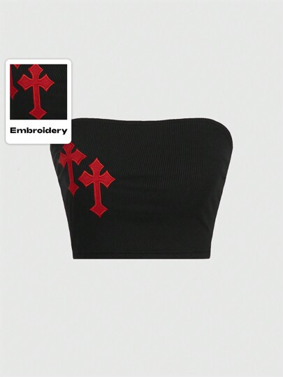 Grunge Punk Cross Embroidery Tube Top, School