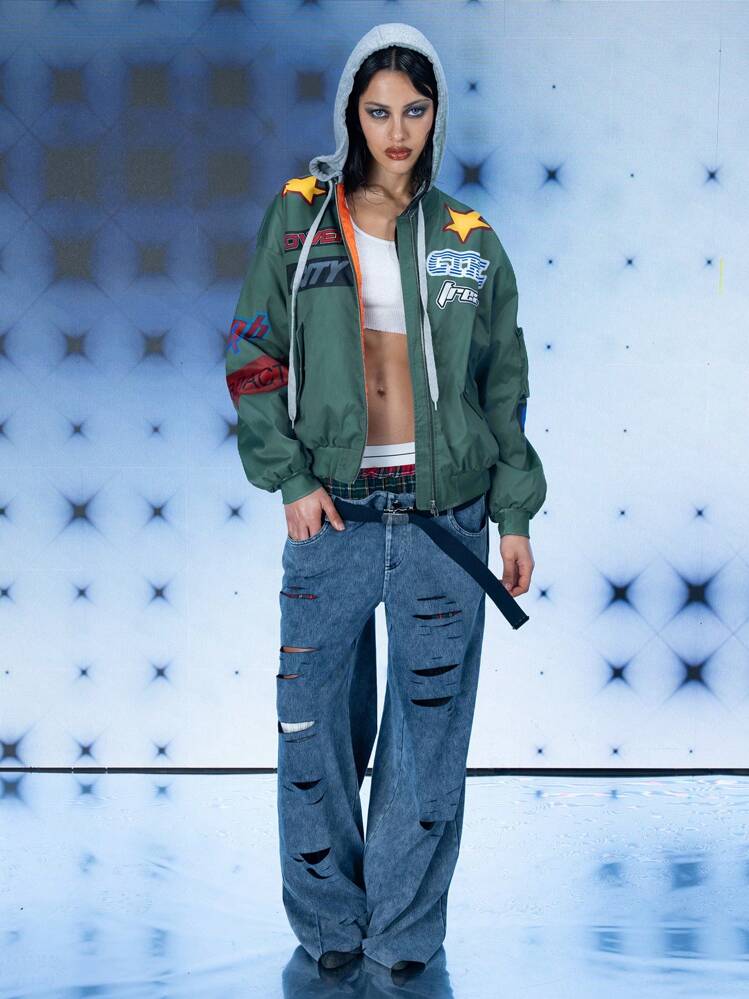 FREAK CITY Chaqueta de bombardero con capucha con estampado de letras retro en color verde oliva, para vacaciones, salir, vacaciones, festival, entrenamiento, que se adapta a Ibiza - Verde Oliva - Añade 3