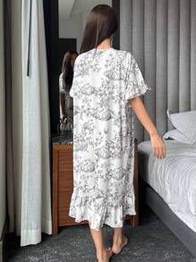 DAZY Lace Patchwork Chinese Style Allover Print Button Front Ruffle Hem Nightgown Pajama - Khaki - View 2