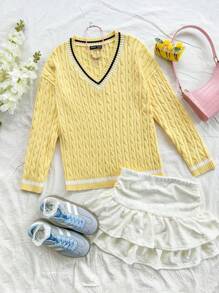 Soleia Women's Holiday Powder Pink V-Neck Contrast Trim Knitted Sweater, Fashionable Autumn/Winter