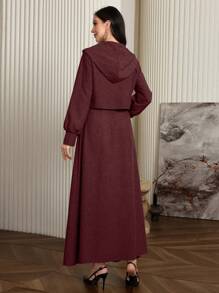 Mulvari Burgundy Red 2pcs Women's Solid Color Flare Hem Dress And Lantern Sleeve Hooded Jacket Set 2 Pieces Set Fall Cloth For Women - Burgundy - View 2