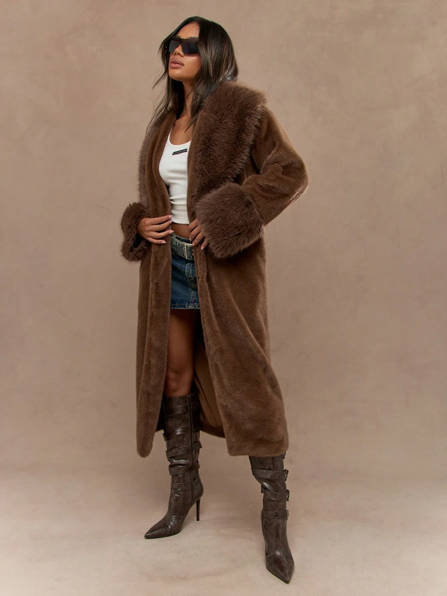 MISSGUIDED 奢华长款毛绒人造毛皮冬季立领外套柔软羊毛泰迪超大外套秋季节日派对晚装保暖舒适夹克 - 棕色 - 查看 1