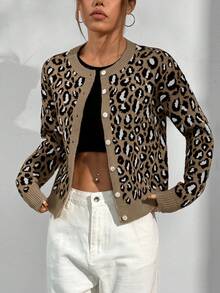 SHEIN Unity Áo khoác cardigan dài tay họa tiết da báo hở vai thường ngày cho nữ - Nhiều màu - Xem 5