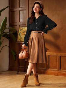 Vintamour 复古优雅女式衬衫，蕾丝拼接，V 领，长喇叭袖，荷叶边下摆和精致的珍珠纽扣，非常适合工作返校服装秋装女式衬衫秋季上衣秋季服装教师服装冬季女士复古服装白色长袖衬衫纽扣衬衫长袖上衣长袖衬衫 - 黑色 - 查看 6