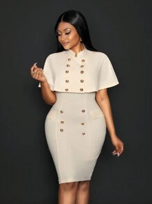 Slaydiva 2pcs Women's Elegant Commute Cape And Crew Neck Sleeveless Fitted Dress Set