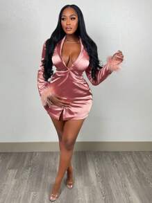 Slaydiva Jesienna elegancka spódnica garniturowa z długimi rękawami, głęboki dekolt w serek, sztuczne ozdoby na górze, super mini spódnica, błyszcząca błyszcząca tkanina tkana, różowa damska marynarka garniturowa-E