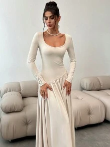 SHEIN Privé Elegant Minimalist Solid Color Stand Collar Asymmetrical A-Line Cinched Waist Long Sleeve Dress, Autumn Winter