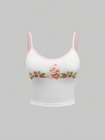 Top tipo camiseta ajustada con estampado de personaje de dibujos animados y fresas, para verano