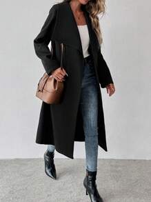 SHEIN Clasi 女士时尚长袖羊毛大衣，中长款，翻领，系带 - 黑色 - 查看 4