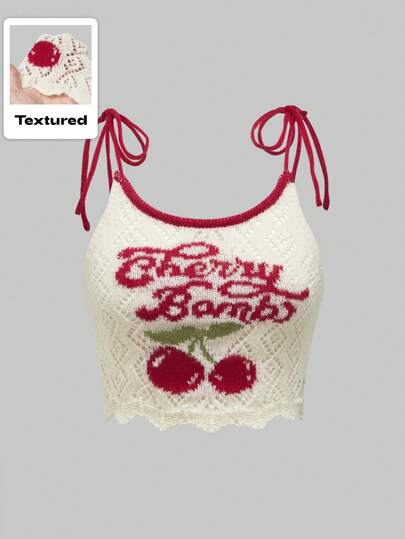 Kawaii Summer Y2K Cherry Letter Pattern Hollow Crochet Knitted Tank Top, School