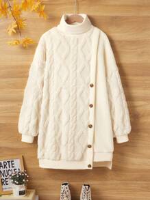 青少年女孩冬季双面法兰绒拼布蓬松超大高领宽松不对称下摆毛衣连衣裙 - 杏色 - 查看 1