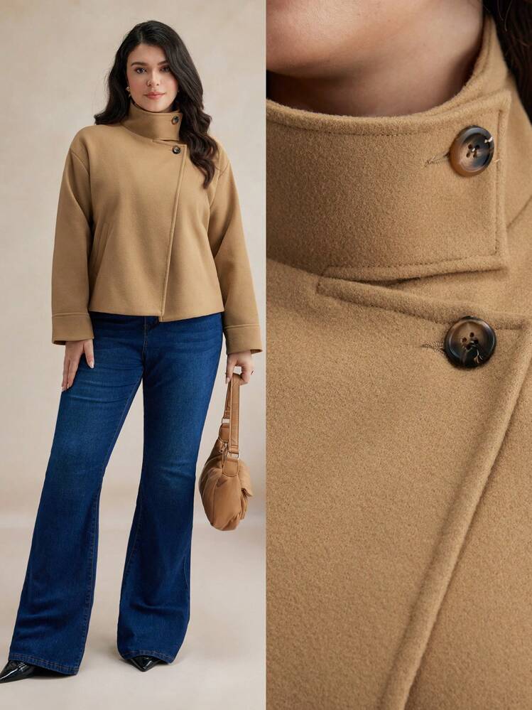 BizChic 大码纯色针织立领长袖夹克秋季女装冬季女装冬季夹克 - 卡其色 - 查看 9