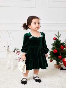 SHEIN Baby Girl Mother-Daughter Dresses, Vintage Elegant Velvet Lace Patchwork Sweetheart Neck Long Sleeve A-Line Smock Dress, Balloon Sleeve Ruffle Hem Party Dress For Holiday, For Christmas