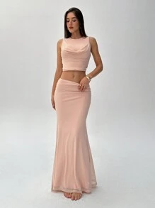 Aloruh Women's Sexy And Elegant Scoop Neck Draped Detail Top And Low Waist Skirt Knitted Skirt Set Pink Sets Women Two Pieces Sets Women Fall Sets Women Skirt Set
