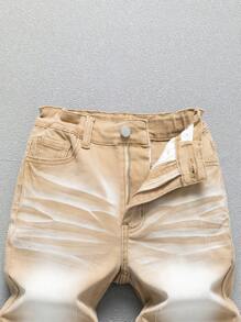 SHEIN TWEEN BOY 百搭休闲现代街头风格猫须破洞可调节腰部 5 口袋弹力牛仔裤，四季百搭时尚牛仔裤 - 卡其色 - 查看 7