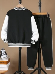 2st/set Tween pojkar tryckt långärmad baseballjacka och byxor - Svart och Vitt - Visa 2