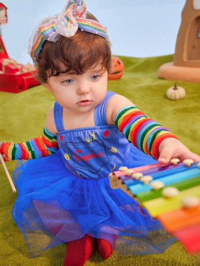 SHEIN 2pcs/Set Infant Girls' Halloween Party Cute Mesh Tutu Dress Outfits, Suitable For Party & Outdoor Play, Fits Baby