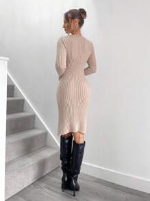 Chiquease Vestido de suéter con cuello redondo de manga larga, de un solo color, de punto acanalado y con abertura