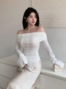 Modelyn Women's Spring & Fall Off-Shoulder Long Sleeve Asymmetric Hem Form-Fitting Elegant T-Shirt - White - View 5