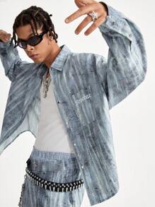 Manfinity NXTstreet Men's Digital Print Loose Front Button Long Sleeve Shirt And Pocket Casual Pants Set - Grey - View 5