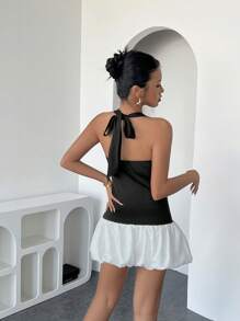 INAWLY 女式休闲拼色迷你露背黑白连衣裙，夏季 - 黑與白 - 查看 2