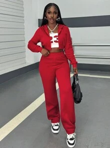 SHEIN 2 件套休闲纯色连帽短款上衣和运动裤套装