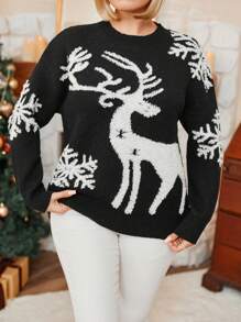 Plus Size Women Deer Print Long Sleeve Casual Pullover Sweater, Christmas Winter - Black and White - View 3