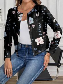 SHEIN Clasi Chaqueta ligera con cuello redondo de manga larga y estampado floral elegante casual para mujer, adecuada para otoño e invierno - Negro - Ver 4