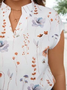 SHEIN LUNE Plus Size Women's Summer Floral Print V-Neck Short Sleeve Bodysuit Holiday Outfit - Khaki - View 5