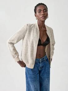 SHEIN Unity Women Plaid Long Sleeve Zip-Up Bomber Jacket, Spring Autumn Fall Cloth For Women - Multicolor - View 4