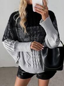 SHEIN Unity 新款高领麻花针织蝙蝠袖宽松优雅女式毛衣，秋冬针织套头衫 - 彩色 - 查看 4
