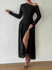 Chiquease Women Elegant Figure-Hugging Flared Asymmetrical Neck Bodycon Dress Fall Cloth For Women - Black - View 3