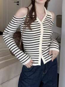 DAZY Plaid Patchwork Slim Fit V-Neck Knit Cardigan,Fall Clothes - Black and White - View 10