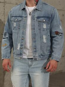 Manfinity Homme Plus Size Men's Spring/Autumn Basic Letter Print Distressed Long Sleeve Casual Denim Jacket, For Husband, Work - Light Wash - View 4