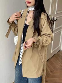 DAZY Solid Color Women Belted Long Sleeve Casual Trench Coat,Fall Clothes Women Jacket - Khaki - View 5