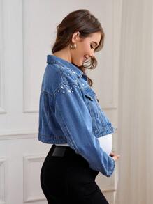 SHEIN Pregnant Women's Spring & Autumn Casual Cropped Denim Jacket With Rhinestone Decor, For Maternity - Medium Wash - View 2