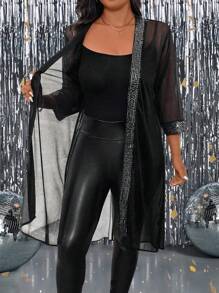 Plus Size Solid Color Stitching Mid-Length Casual Jacket - Black - View 5