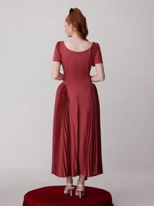 SHEIN Belle 女士素色簡約日常短袖晚禮服（厚款） - 紅色 - 查看 2