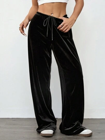 SHEIN EZwear Women's Vintage Casual Black Velvet Wide Leg Pants For Autumn And Winter