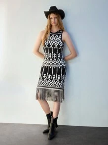 Maija Women's Western-Style Crew Neck All-Over Print Fringe Hem Sleeveless Sweater Dress, Autumn & Winter