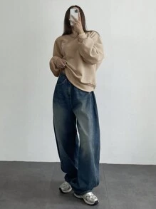 DAZY 女式宽松圆领长袖刺绣图案运动衫，秋季女装 - 卡其色 - 查看 3