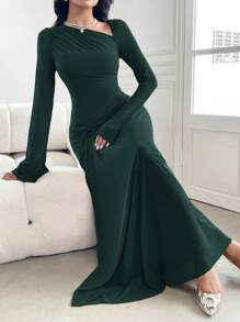 Modelyn Women Solid Color Crew Neck Long Sleeve Twist Detail Casual Long Dress Long Evening Dresses