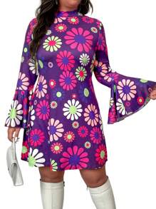 Plus Size Women's Bell Sleeve Printed Casual Knit Dress, Autumn
