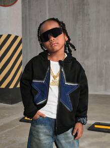 SHEIN Explorewe 年轻男孩韩版休闲必备拼接牛仔效果五角星拉链连帽运动衫，适合秋季、冬季、日常穿着、居家、校园、街头，适合兄弟 - 白色 - 查看 6