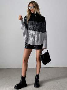 SHEIN Unity 新款高领麻花针织蝙蝠袖宽松优雅女式毛衣，秋冬针织套头衫 - 彩色 - 查看 7